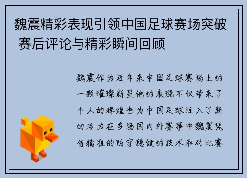 魏震精彩表现引领中国足球赛场突破 赛后评论与精彩瞬间回顾